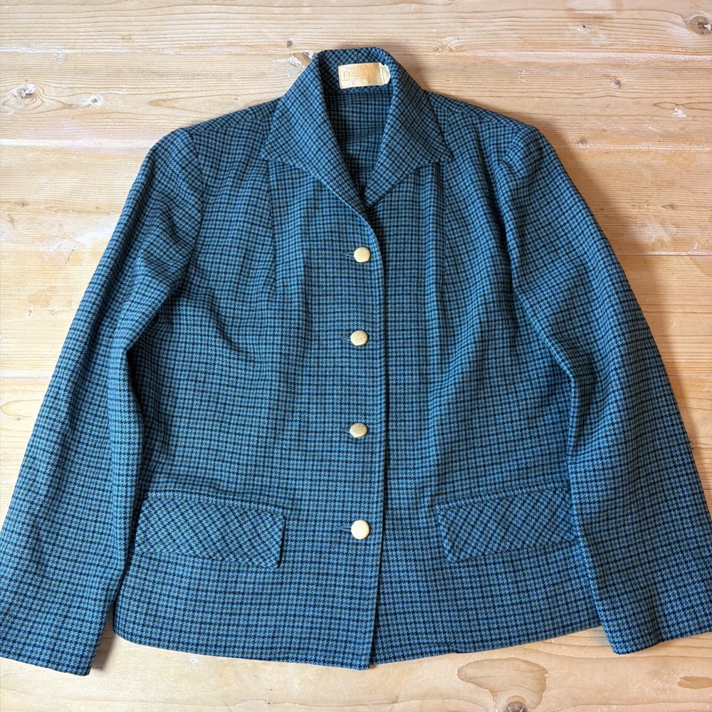 Pendleton‎ Houndstooth Blazer 100% Virgin Wool Teal  Women's Small See Measures